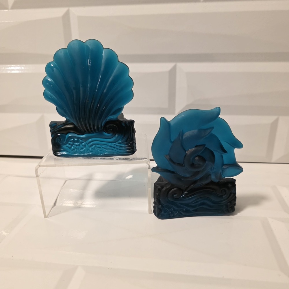 2-Anchor Hocking Satin Teal Glass Seashell & Wave Votive/Tealight Candle Holders
